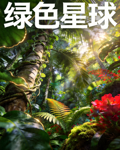 纪录片《绿色星球》封面，茂密的热带雨林植物特写